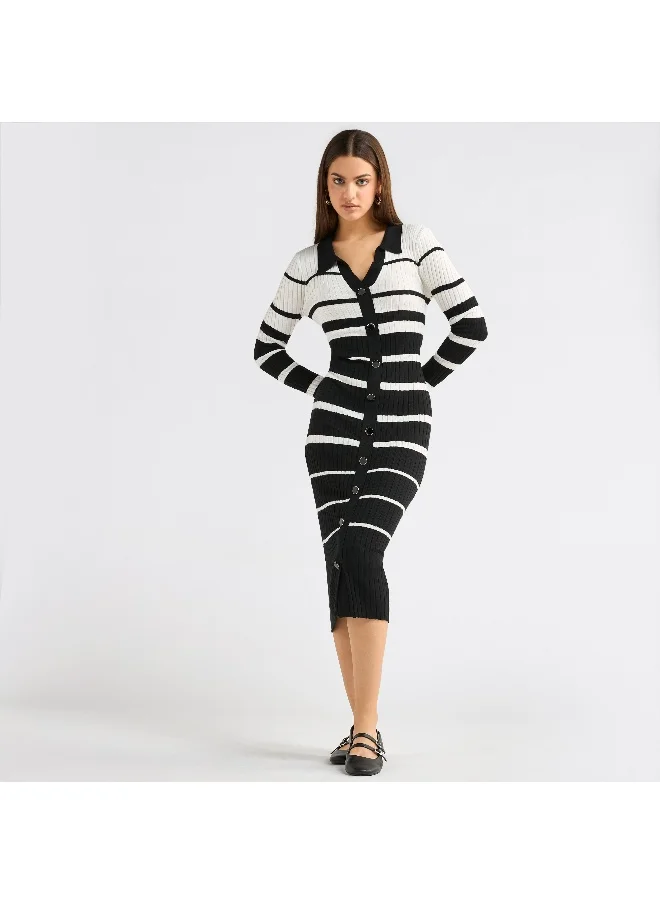 FAV Striped Collared Shirt Dress with Long Sleeves