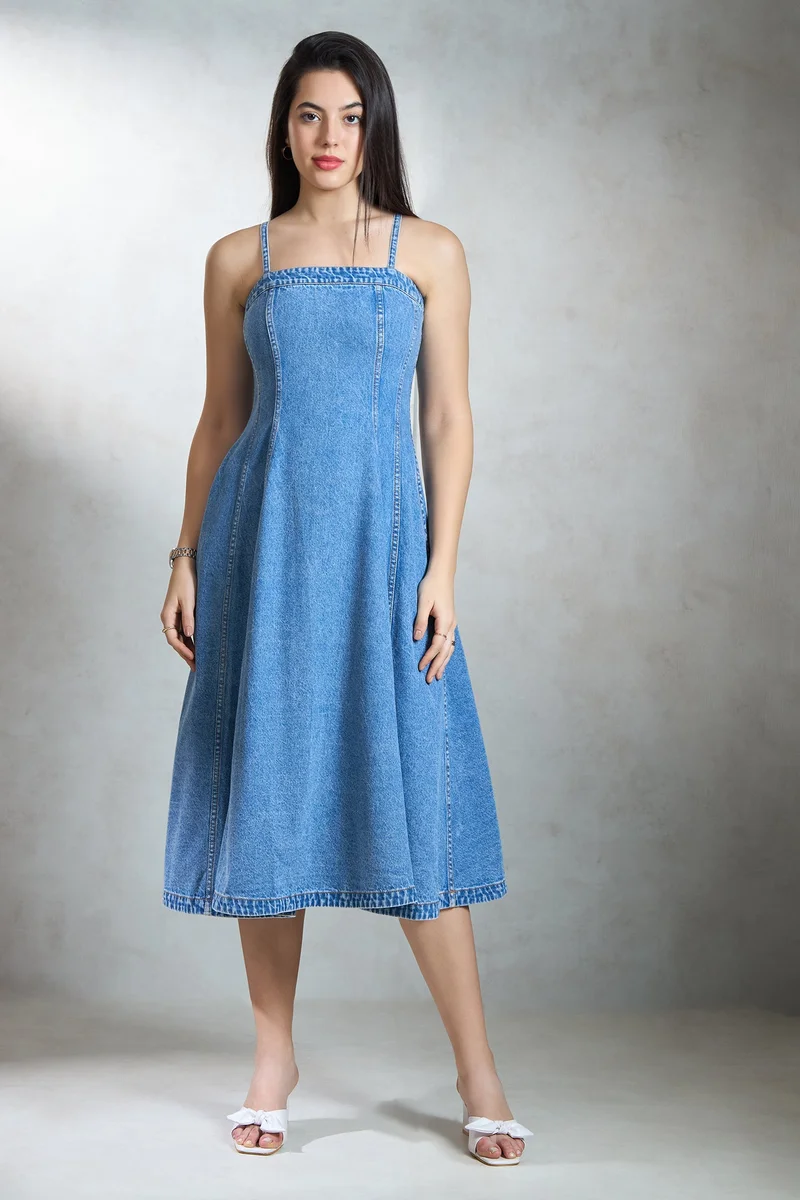 فيرجيو Cotton Denim Brunchwear Banded Midi Dresses for Women