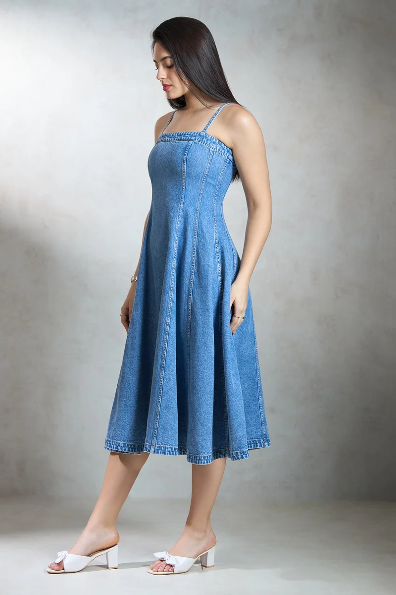 فيرجيو Cotton Denim Brunchwear Banded Midi Dresses for Women