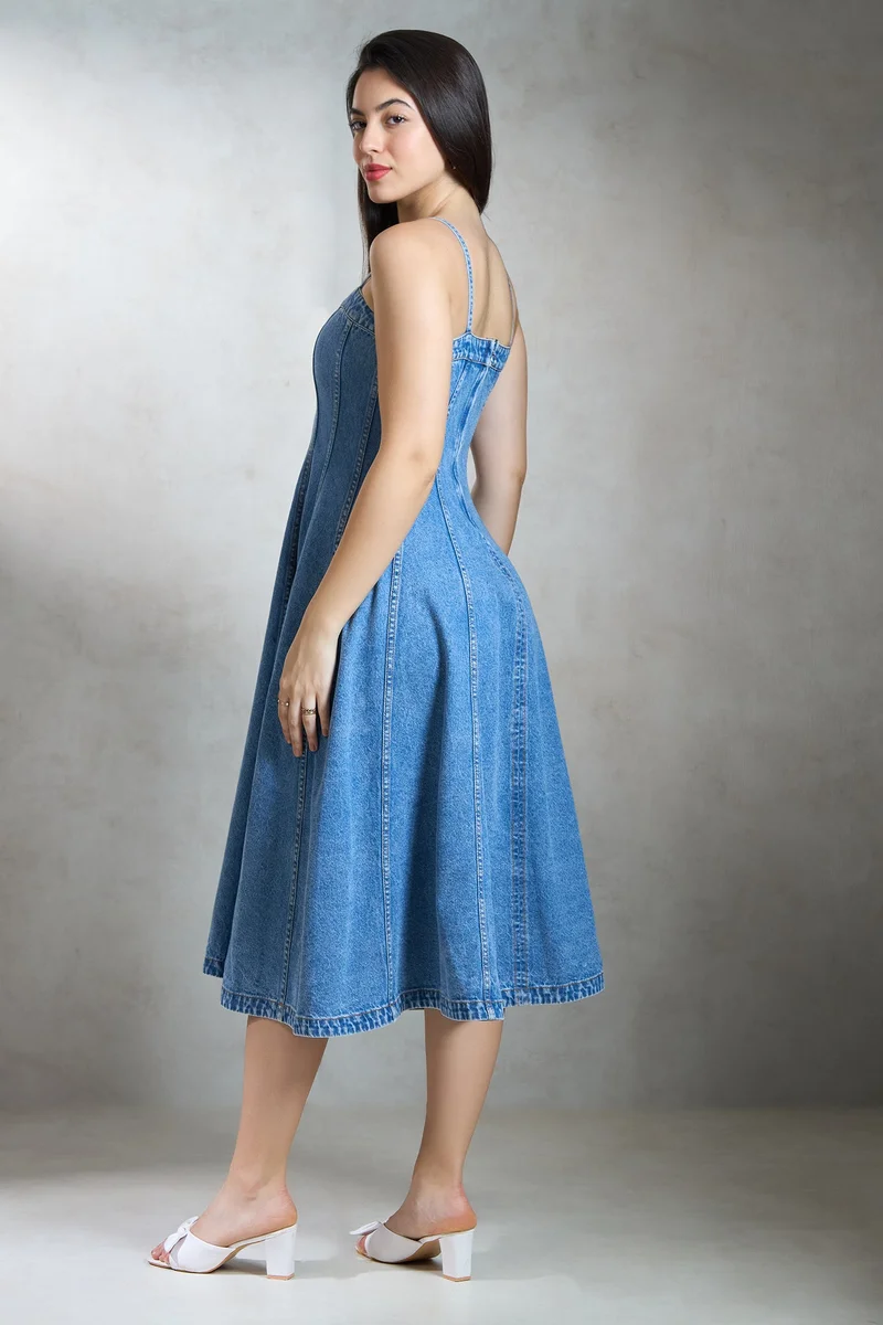 فيرجيو Cotton Denim Brunchwear Banded Midi Dresses for Women
