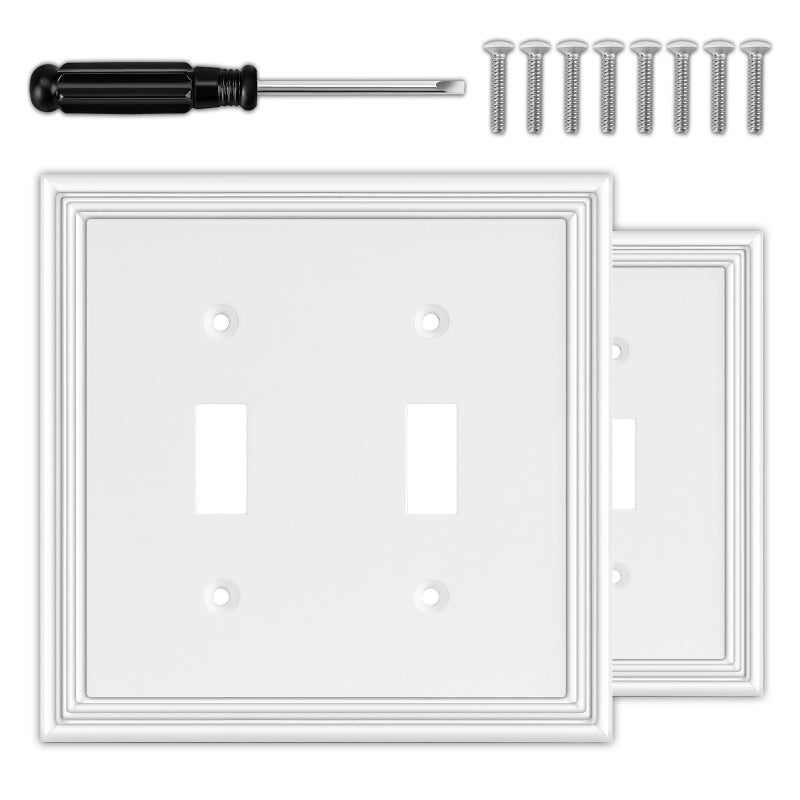OKAYZIP White Decorative Double Toggle Light Switch Covers Wall Plate, Natural Material Switch Plate Covers - Modern Style (2 Gang Toggle 2 Pack) - Image 1