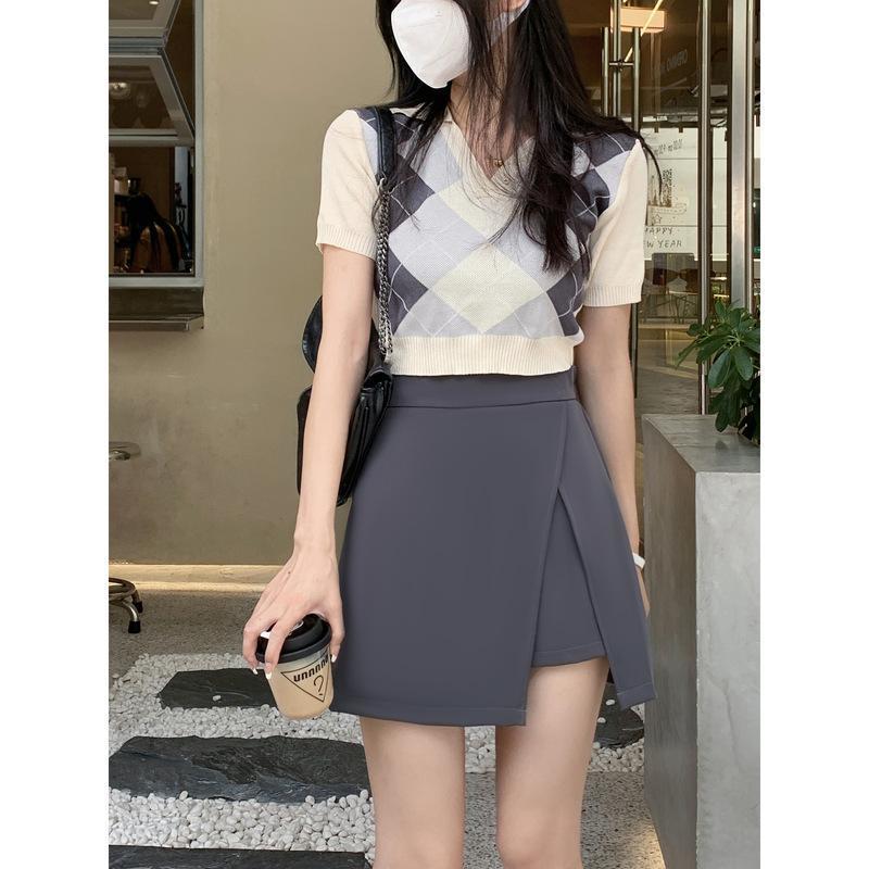Large Size Chubby Girls Black Split Skirt Womens Spring and Autumn Cover-up Slim Look High Waist A- Line Skirt Grey Suit Culottes Gray Culottes (Short Skirt)