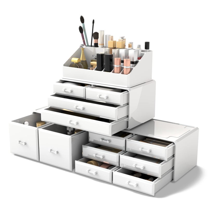 Readaeer Makeup Cosmetic Organizer Storage Drawers Display Boxes Case with 12 Drawers (White) - Image 1