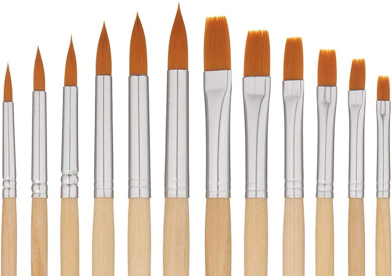 KRAFTMASTERS12 PCS Flat & Round Different Size Artist Fine Nylon Hair Paint Brush Set for Watercolor Acrylic Oil Painting Brushes Drawing Art Supplies Size: 1-12 - Image 1