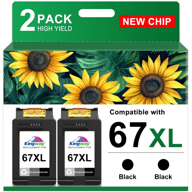 KINGWAY 67XL Ink Cartridge Black Combo Pack Replacement for HP 67 67XL Printers Work for HP DeskJet 2700 2752 2755e 2855e 2800 2742e 4155e 4255e 4100 Envy 6055e 6000 6455e 6400 6458e (2 Pack) - Image 1