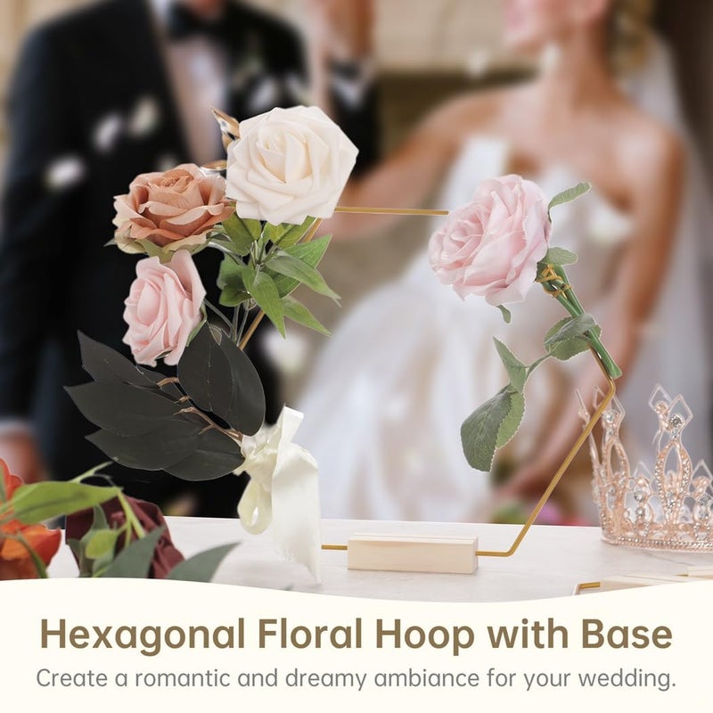 Hexagonal Metal Floral Hoop Wreath Ring With Wooden Base 10 Pcs 7 9 Inch Table Centerpiece - Image 3