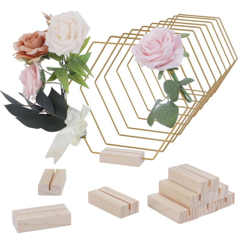Hexagonal Metal Floral Hoop Wreath Ring With Wooden Base 10 Pcs 7 9 Inch Table Centerpiece - Image 2