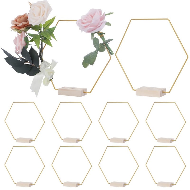 Hexagonal Metal Floral Hoop Wreath Ring With Wooden Base 10 Pcs 7 9 Inch Table Centerpiece - Image 5