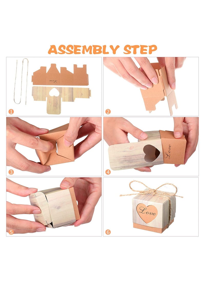 Excefore Valentines Love Candy Boxes 50Pcs Wedding Favor Boxes Party Favor with Tags & Burlap T for Wedding Travel Party Decoration European Retro Wood Grain Love Heart-shaped Hollow Candy Box  - Image 4
