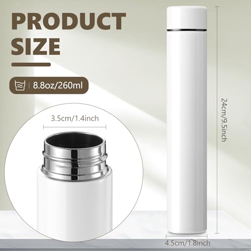 Vesici 1 Pack Slim Water Bottle 8.8 oz Small Stainless Steel Purse Compact Insulated Water Bottles Camping Travel Backpack Pocket Flask for Car Cold Coffee Tea (White) - Image 2