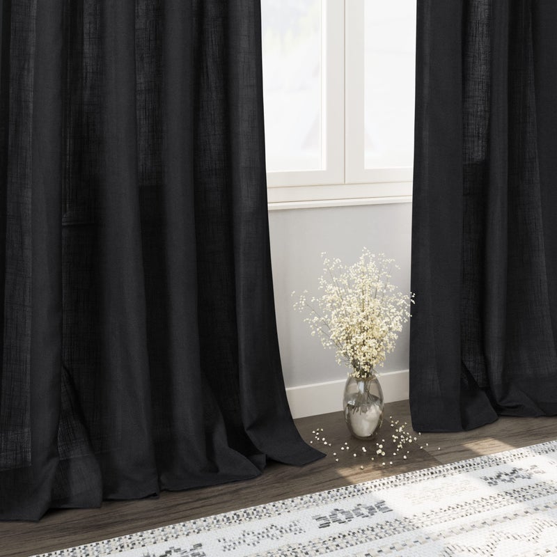 Nanspring Black Sheer Linen Curtains 90 inch Length for Bedroom Back Tab Rod Pocket Modern Farmhouse Muslin Look Cotton Textured Black Window Curtains 90 inches long for Dining Room Living Office 2 Panels - Image 5