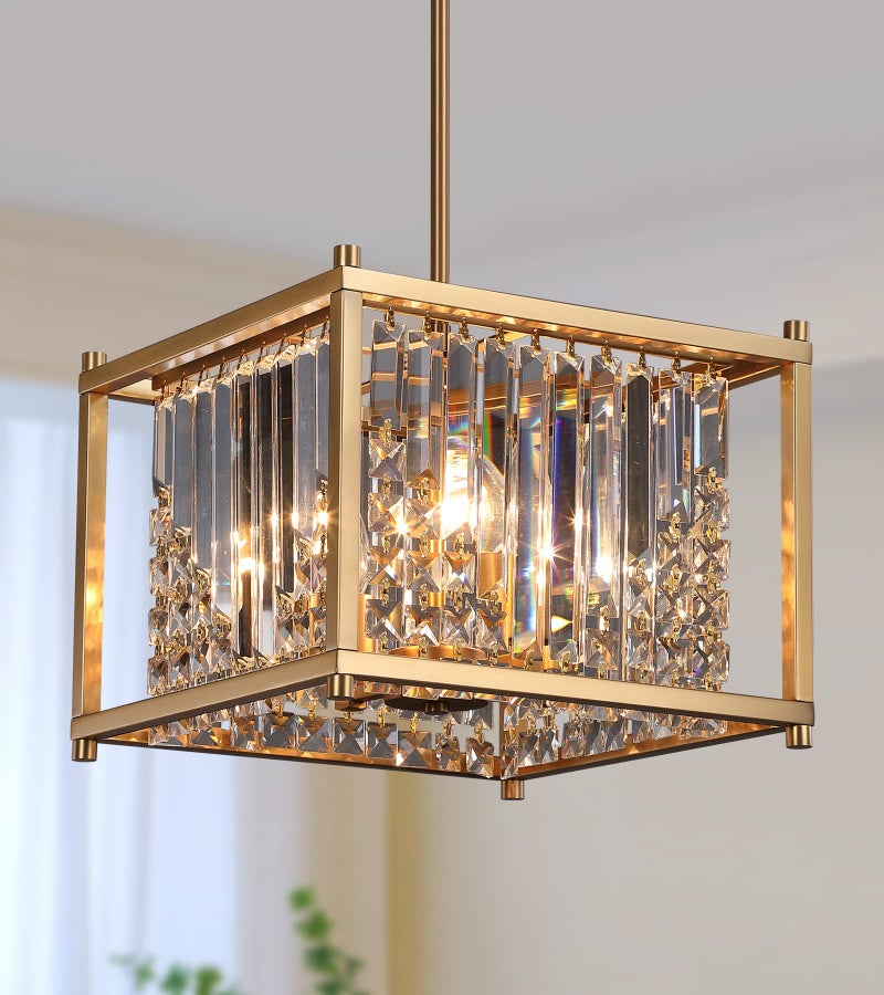 QS Q&S Gold Chandelier,Modern Industrial Gold Square Crystal Chandeliers 4 Lights Hanging Pendant Light Fixture for Dining Room Hallway Entryway Kitchen Island UL Listed - Image 1