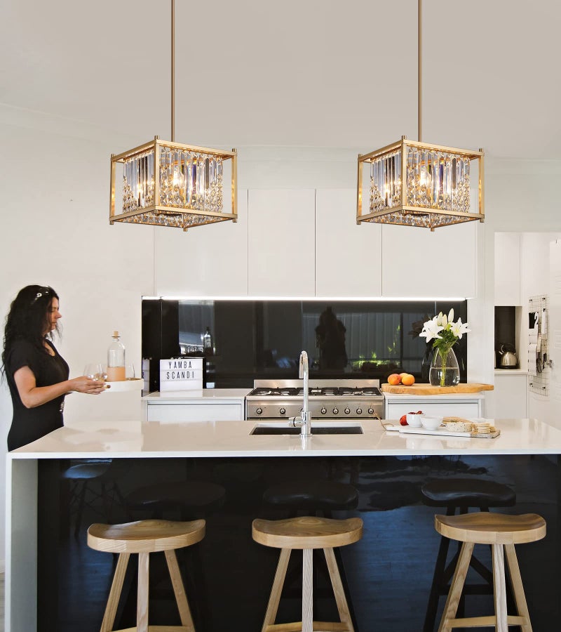 QS Q&S Gold Chandelier,Modern Industrial Gold Square Crystal Chandeliers 4 Lights Hanging Pendant Light Fixture for Dining Room Hallway Entryway Kitchen Island UL Listed - Image 5