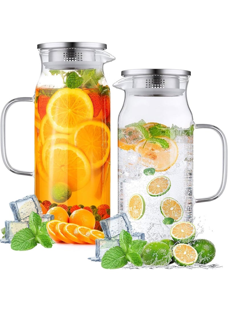 2 Pack 1.5 Liter  Glass Pitcher with Lid and Spout,Wide Mouth Water Pitcher with Handle Heat Resistant,Glass Water Jug Carafe Juice Container for Hot/Cold Drink,Iced Tea,Milk,Coffee - Image 1