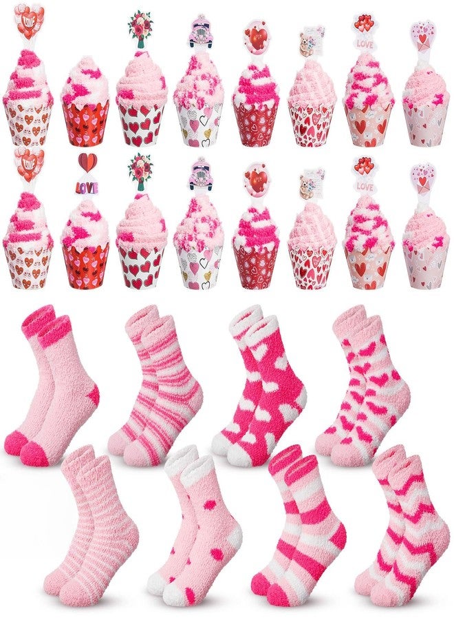 Suhine 16 Pairs Valentine Day Cupcake Socks Gifts for Women Galentines Gifts Fuzzy Heart Socks and Cupcake Toppers Pink DIY Love Heart Present Slipper Stockings for Her Mothers Day - Image 1