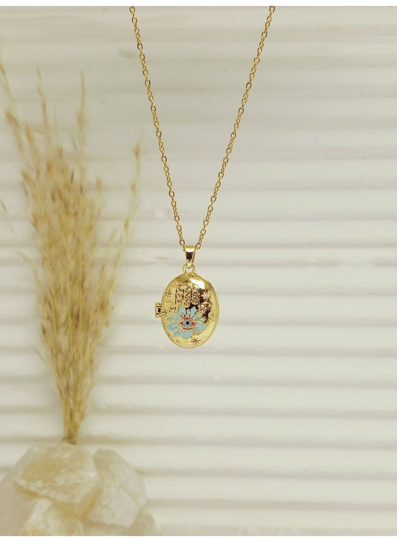 Gold-Tone Stainless Steel Oval Locket Necklace with Engraved Hamsa Hand and Blue Enamel Eye Flower Design
