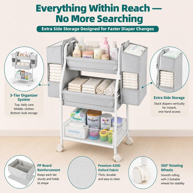 Moteph Rolling Utility Cart with Side Storage - Diaper Organizer, Nursery Essentials, and Craft Organizer (with_Side_Storage) - Image 3