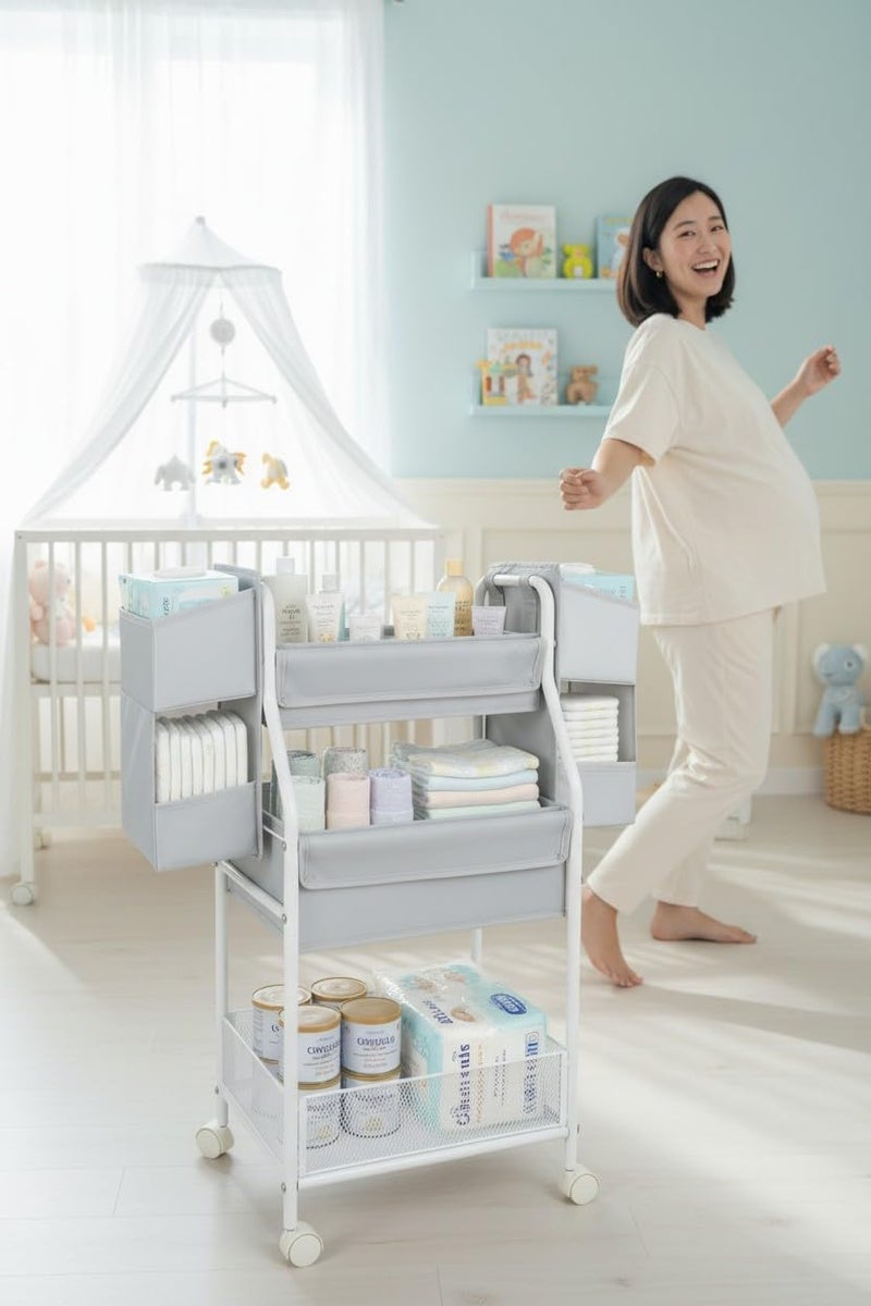 Moteph Rolling Utility Cart with Side Storage - Diaper Organizer, Nursery Essentials, and Craft Organizer (with_Side_Storage) - Image 5