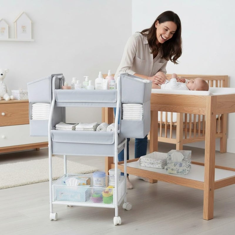 Moteph Rolling Utility Cart with Side Storage - Diaper Organizer, Nursery Essentials, and Craft Organizer (with_Side_Storage) - Image 2