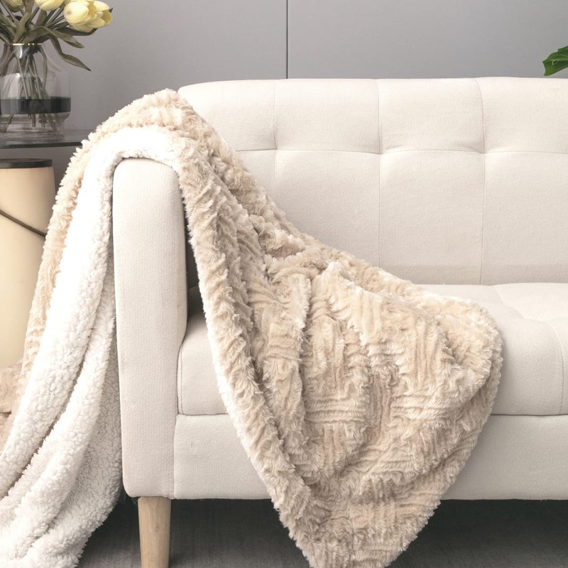 DaDa Bedding Champagne Ivory Faux Fur Throw Blanket  Dreamy Gold Geometric Embossed Sherpa Backside  Super Soft Warm Cozy Plush Fluffy  63 x 90