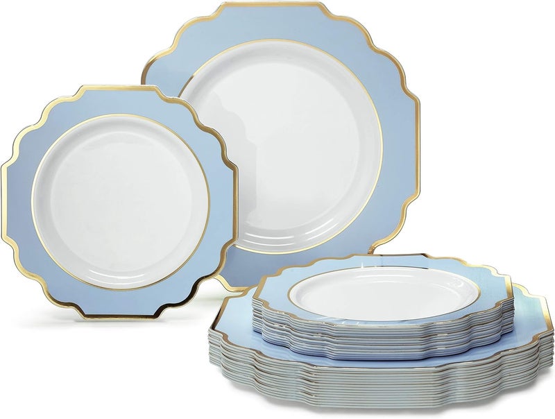 OCCASIONS FINEST PLASTIC TABLEWARE " OCCASIONS " 50 Plates Pack (25 Guests)-Heavyweight Wedding Party Disposable Plastic Plate Set -(25x10.5'' Dinner + 25x8'' Salad/dessert (Imperial in White/Blue & Gold) - Image 1