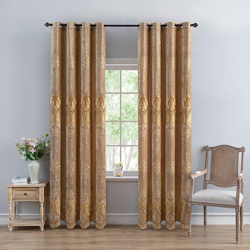 ELKCA Coffee Chenille Curtain with Embroidered Pattern for Living Room European Curtains Set for BedroomGrommet Top 52 W x 84 LPack of 2 - Image 1