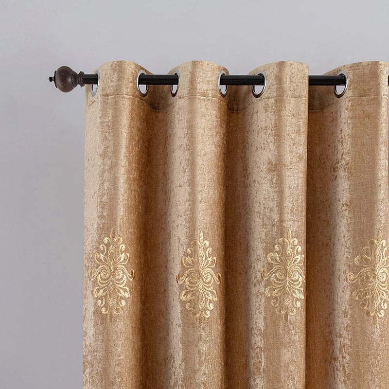 ELKCA Coffee Chenille Curtain with Embroidered Pattern for Living Room European Curtains Set for BedroomGrommet Top 52 W x 84 LPack of 2 - Image 2
