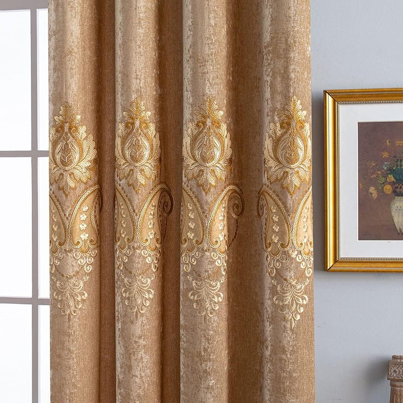 ELKCA Coffee Chenille Curtain with Embroidered Pattern for Living Room European Curtains Set for BedroomGrommet Top 52 W x 84 LPack of 2 - Image 4