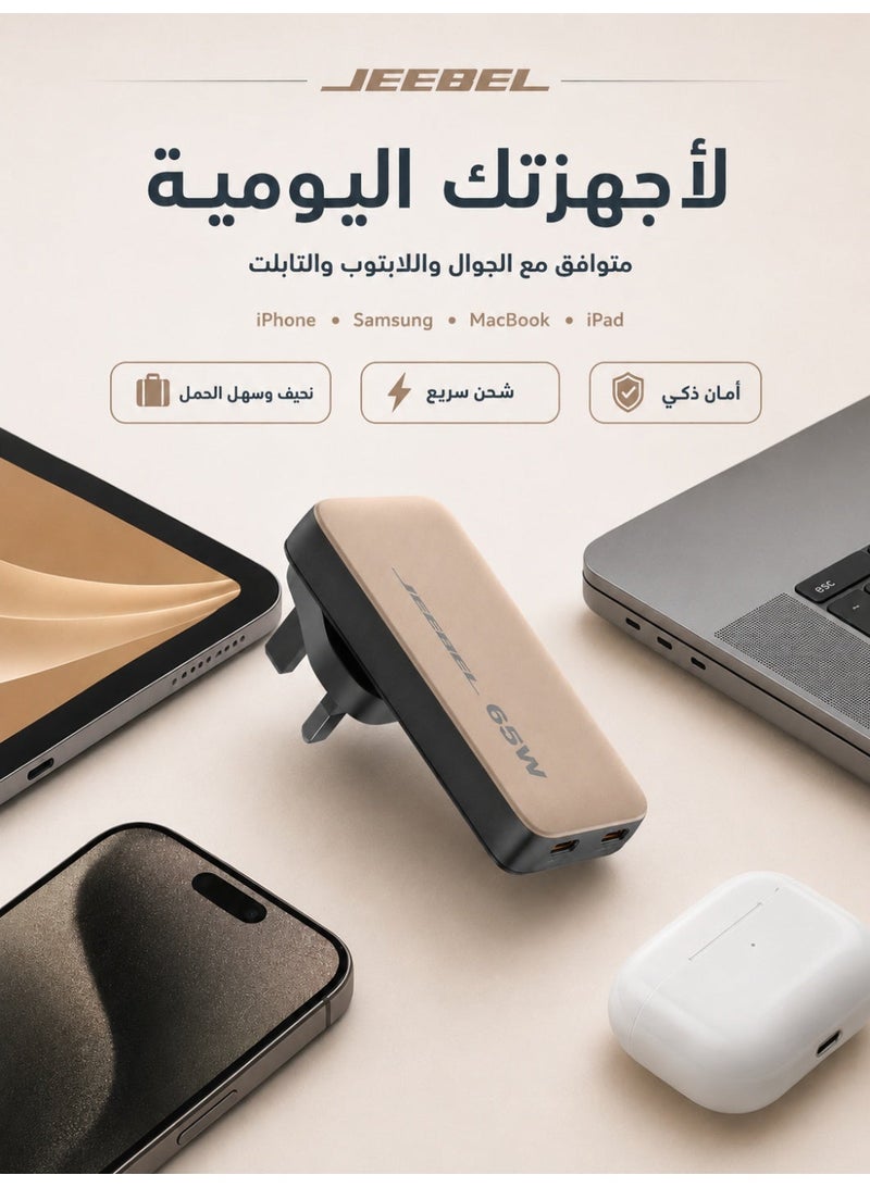جيبيل شاحن  GaN 65W ثنائي USB-C PD للآيفون وسامسونج والماك بوك والآيباد، شحن سريع للجوال واللابتوب، تصميم نحيف للسفر والمكتب - Image 2