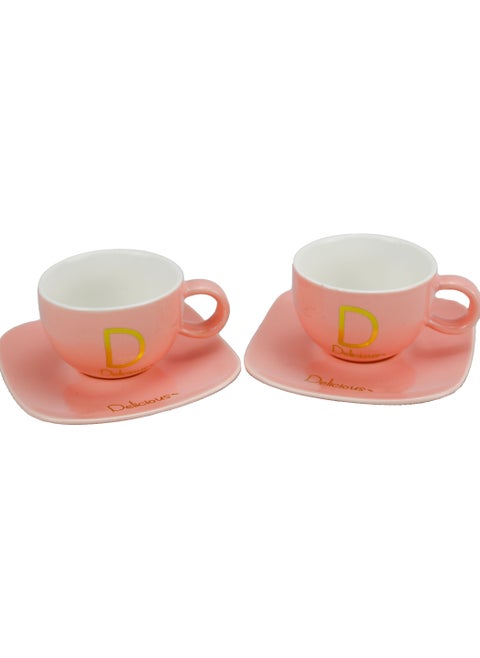 COFFEE CUP SET, Green-White-Black-Gold Pattern Design Mugs with Saucer, Set of 2