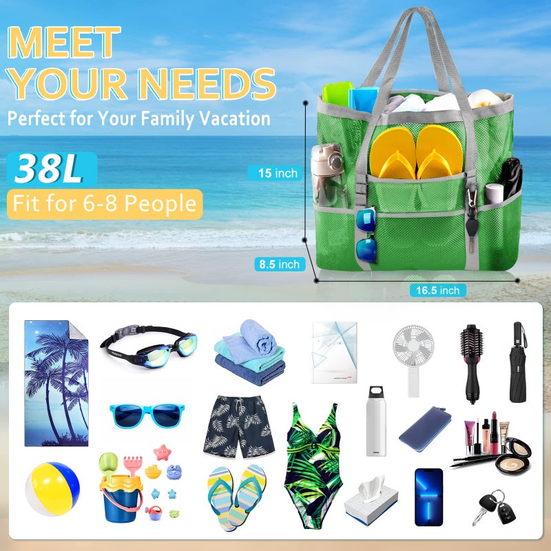 Srise Mesh Beach Tote For Family - Large Beach Bag For Toys & Vacation Essentials - Green - Image 2