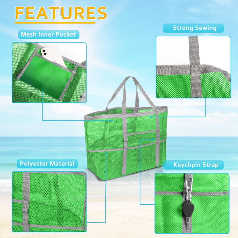 Srise Mesh Beach Tote For Family - Large Beach Bag For Toys & Vacation Essentials - Green - Image 4