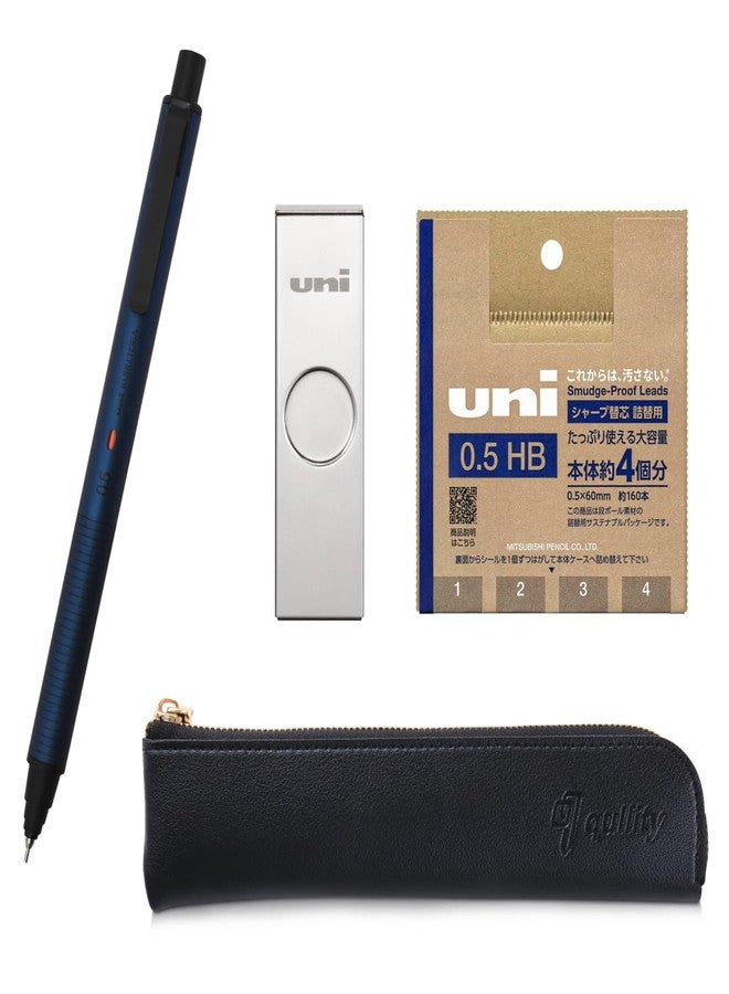 QULLITY Kuru Toga Metal 0.5mm Silent Blue, Uni Metal Case + Uni Refill 0.5mm HB, Black slim pen case - Image 1