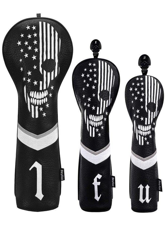 caiobob mytag Golf Skull Skeleton Head Cover Golf Club Black Leather Headcovers Set Fits Driver Fairway Wood Hybrid (1pc Driver Cover) - Image 2