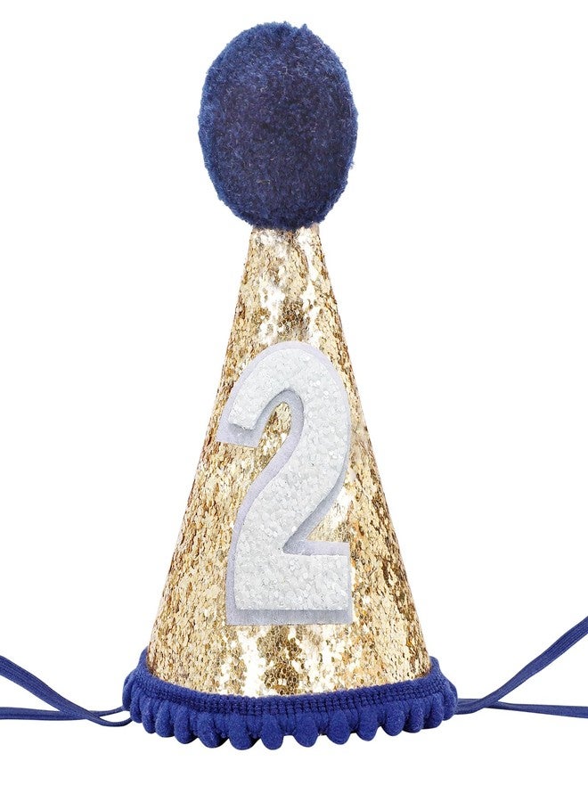 Eoopoon Navy Blue 2nd Birthday Glitter Cone Hat - Sparkling Handmade Cone Hat for Toddler Boys, Ideal for Birthday Parties & Photo Props(Navy Blue Cone2) - Image 1
