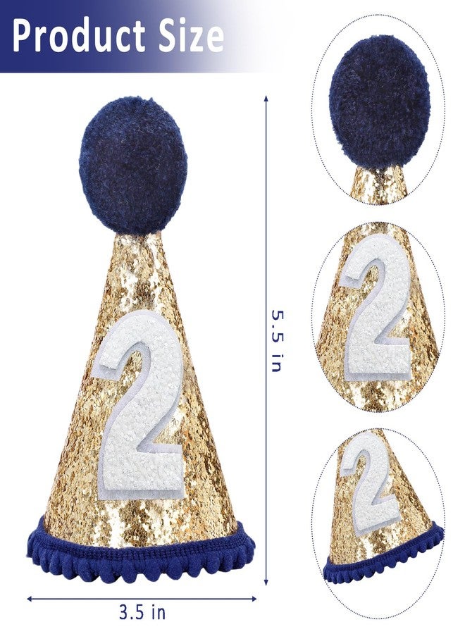 Eoopoon Navy Blue 2nd Birthday Glitter Cone Hat - Sparkling Handmade Cone Hat for Toddler Boys, Ideal for Birthday Parties & Photo Props(Navy Blue Cone2) - Image 2