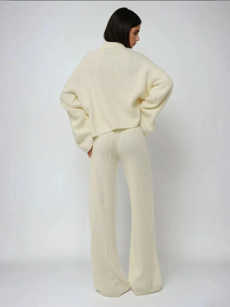 Hiccup Ivory Natural Textured Wide Leg Knit Pants for Women | Best Price UAE