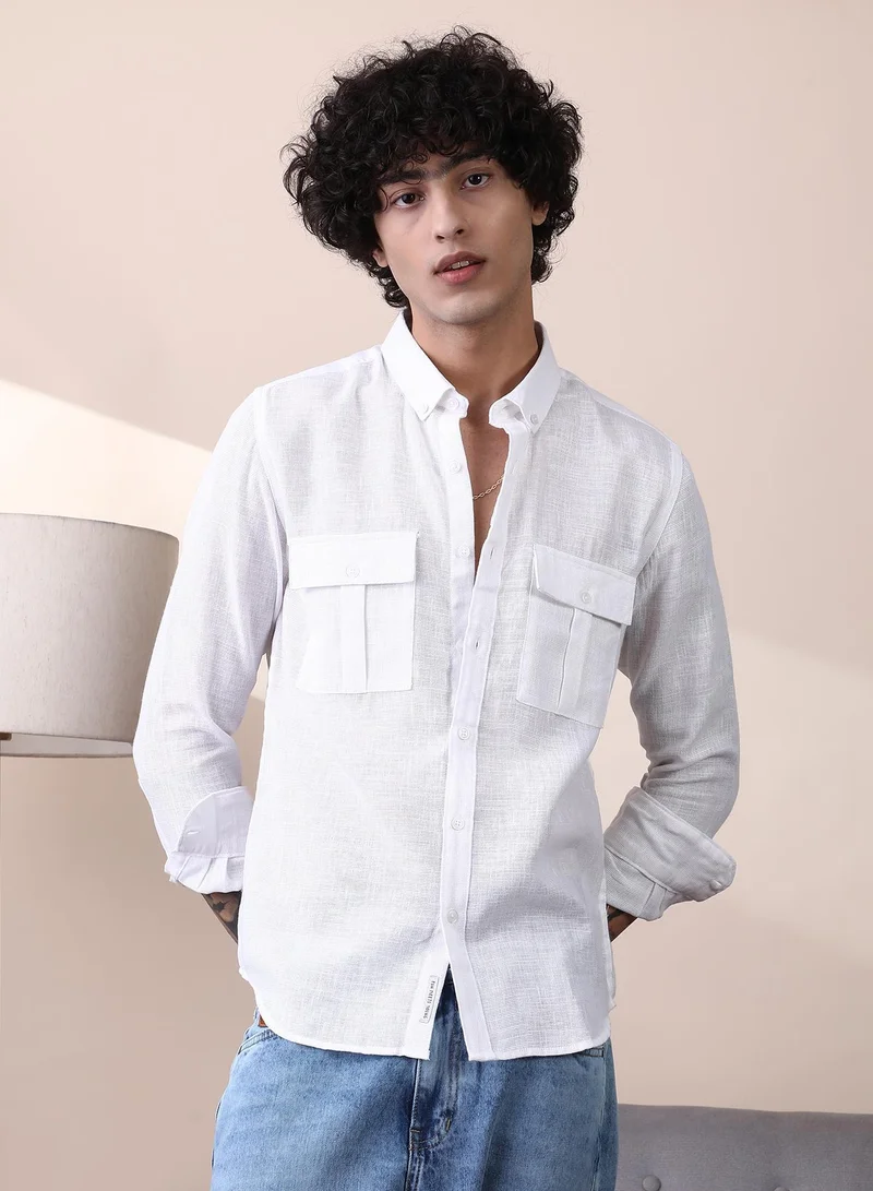 Campus Sutra Campus Sutra Men's Chalk White Open-Weave Utility Shirt For Casual Wear | Spread Collar | Long Cuffed Sleeves | Button Closure | Shirt Crafted With Comfort Fit For Everyday Wear