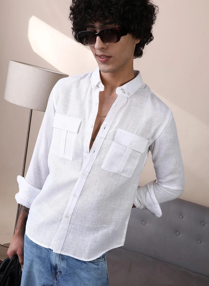 Campus Sutra Campus Sutra Men's Chalk White Open-Weave Utility Shirt For Casual Wear | Spread Collar | Long Cuffed Sleeves | Button Closure | Shirt Crafted With Comfort Fit For Everyday Wear