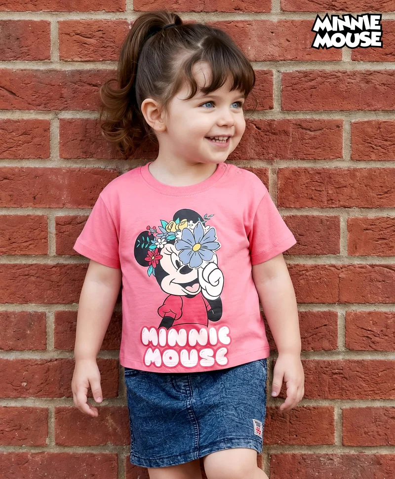 Babyhug Disney Babyhug Disney Single Jersey Knit Drop Shoulder Half Sleeves Oversized T-Shirt & Skirt Set with Minnie Mouse Graphic & Tie & Dye Effect - Pink