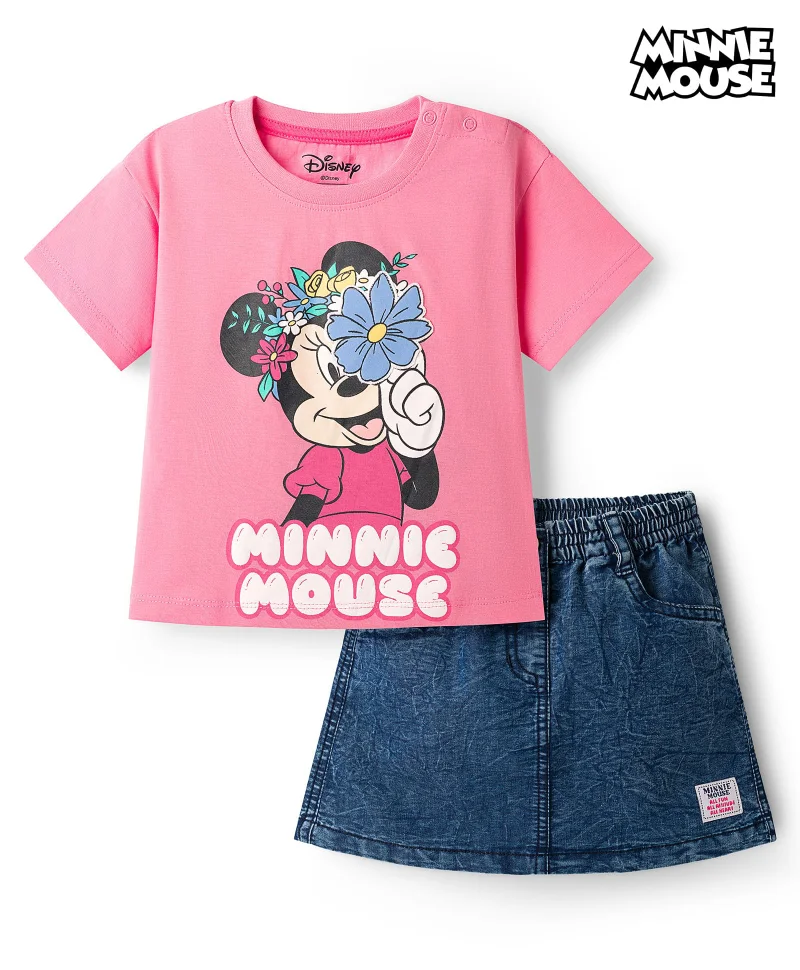 Babyhug Disney Babyhug Disney Single Jersey Knit Drop Shoulder Half Sleeves Oversized T-Shirt & Skirt Set with Minnie Mouse Graphic & Tie & Dye Effect - Pink