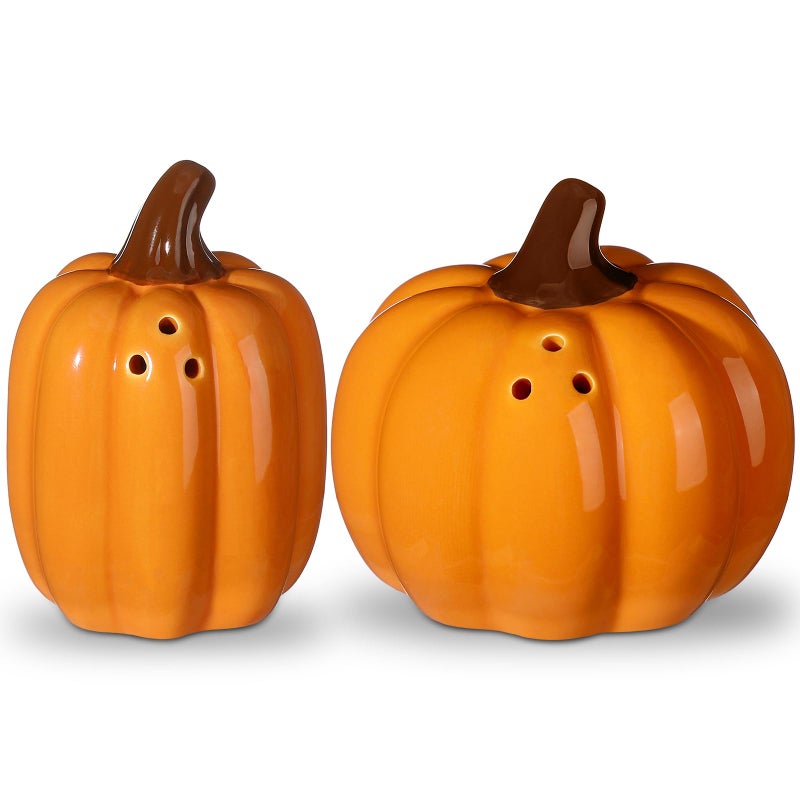 RimCereal 2 Pcs Fall Pumpkin Shaped Salt and Pepper Shakers 3 Inch Ceramic Salt and Pepper Shakers Set for Holiday Home Indoor Kitchen Decorations Orange