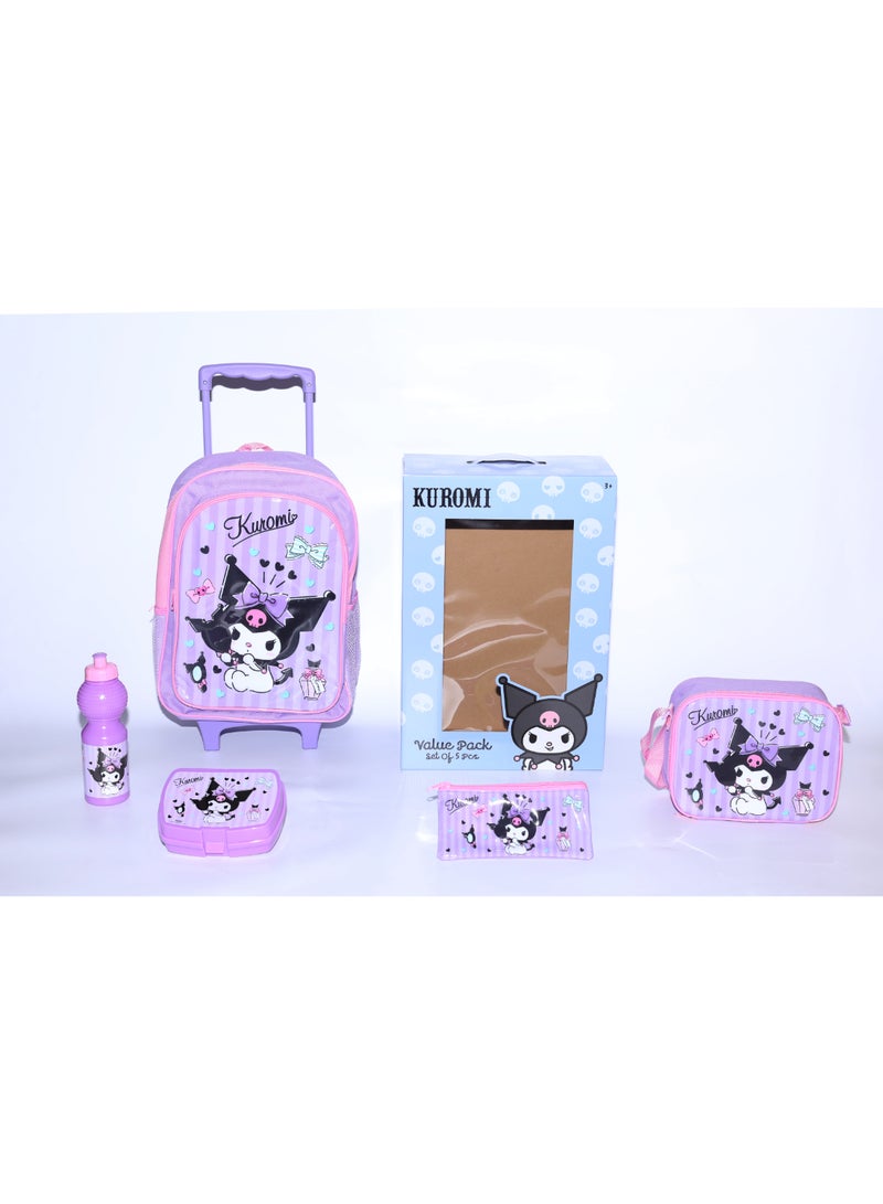 Sanrio Kuromi 5 in 1 Value Pack (16" Trolley Bag with Lunch Box, Lunch bag, Water Bottle and Pencil Case) - Image 1