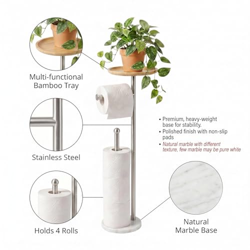 Songtec Toilet Paper Holder Stand with 7.9" Big Bamboo Tray, 2.2Lbs Heavier Marble Base, Floor Standing Paper Holder Stand with Phone Shelf, Reserve for 4 Rolls (Brushed Nickel) - Image 3