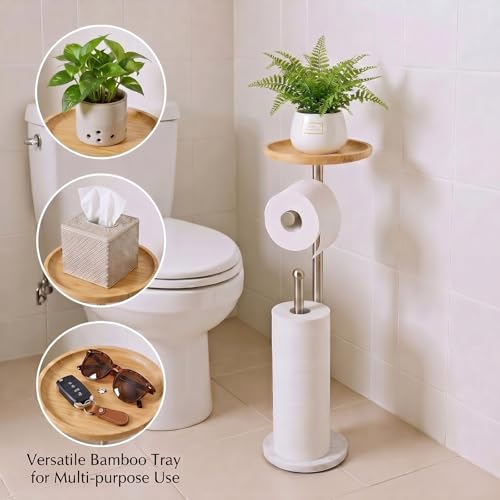 Songtec Toilet Paper Holder Stand with 7.9" Big Bamboo Tray, 2.2Lbs Heavier Marble Base, Floor Standing Paper Holder Stand with Phone Shelf, Reserve for 4 Rolls (Brushed Nickel) - Image 2