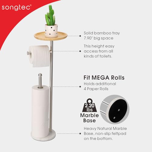 Songtec Toilet Paper Holder Stand with 7.9" Big Bamboo Tray, 2.2Lbs Heavier Marble Base, Floor Standing Paper Holder Stand with Phone Shelf, Reserve for 4 Rolls (Brushed Nickel) - Image 5