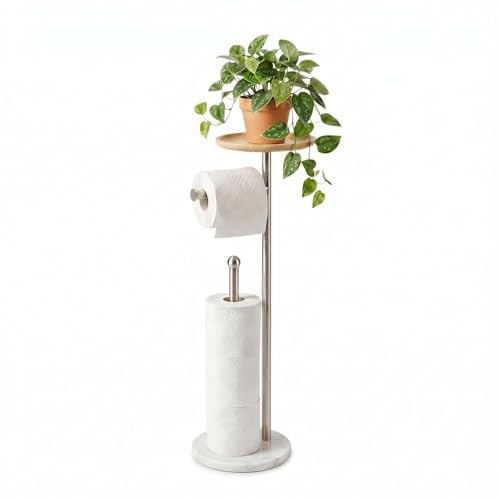 Songtec Toilet Paper Holder Stand with 7.9" Big Bamboo Tray, 2.2Lbs Heavier Marble Base, Floor Standing Paper Holder Stand with Phone Shelf, Reserve for 4 Rolls (Brushed Nickel) - Image 1