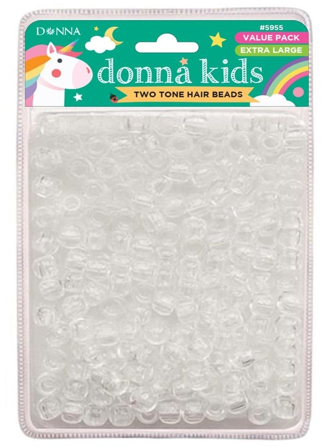 DONNA Kids Two Tone Hair Beads - Extra Large Pony Beads for Braids, Twists & Ponytails - Clear Colors with Threading Tool - Value Pack for Girls