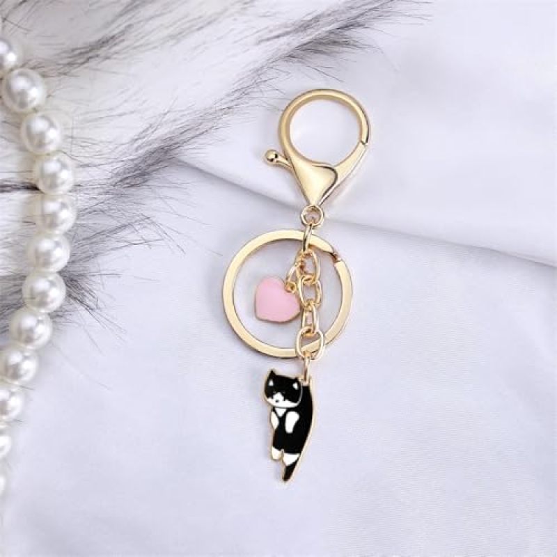 Cute Cat Keychain Bag Hanging Accessories Gold Polished Finish - Versatile Charm for Backpacks Key Sets for Women - Image 3