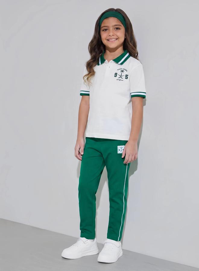 Styli Girls White KSA National Day Print Polo T-Shirt and Dark Green Joggers Set - Image 1